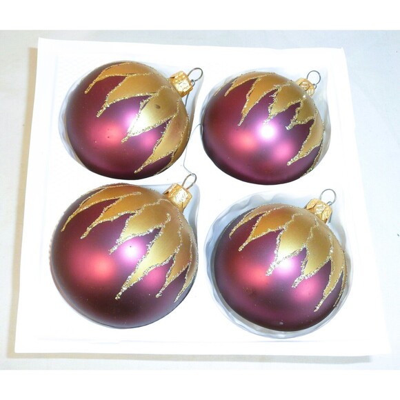 LOT of 4 Glass Ornaments Burgundy & Gold Mouth Blown Hand Painted Balls - Picture 5 of 5